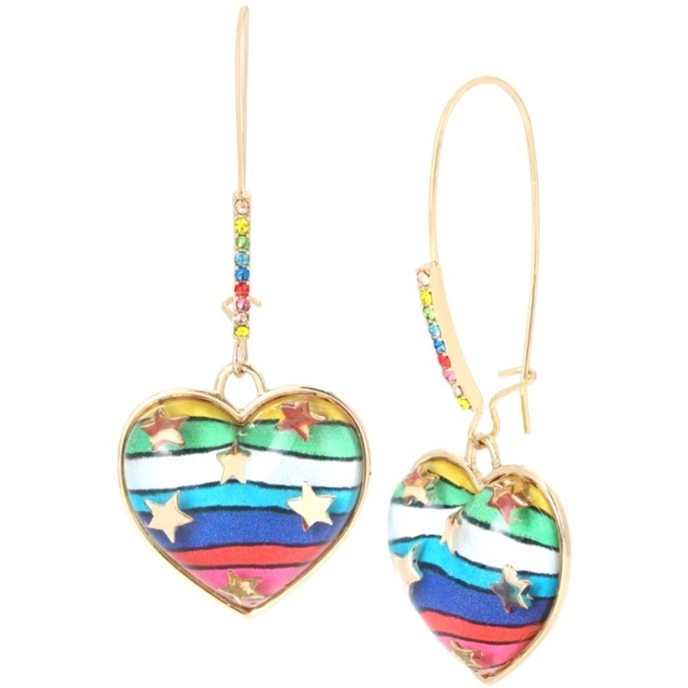 Betsey Johnson ONE LOVE HEART HOOK EARRINGS RAINBOW MULTI